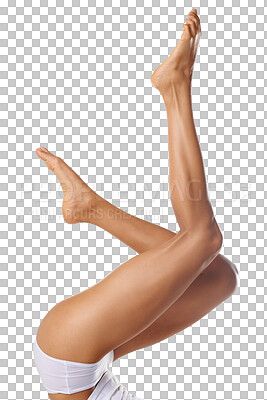 Skincare, wellness and legs of woman isolated on a png background for shaving, grooming and waxing. Cleaning, beauty and pedicure of girl isolated in studio for laser treatment, cosmetics and hair removal