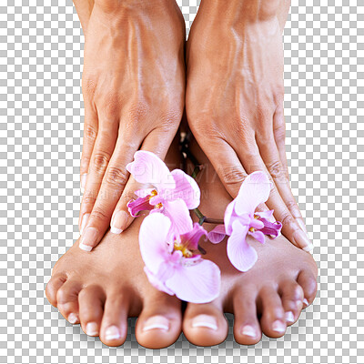 Skincare girl and hands with flowers on feet for luxury cosmetic treatment with manicure and pedicure nails. Healthy skin of black woman with orchid for beauty, wellness and pamper lifestyle isolated on a png background