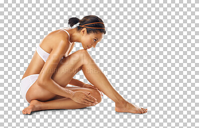 Body care, hair removal and model in underwear in a studio with a wellness, skin care and natural routine. Cosmetic, epilation and female model with a smooth body treatment posing by isolated on a png background