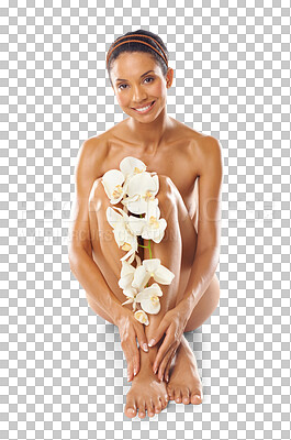 Skincare, portrait and beauty of woman with flowers in studio isolated on a png background mock up. Floral cosmetics, organic makeup and female model with orchids on legs for skin treatment and body care.
