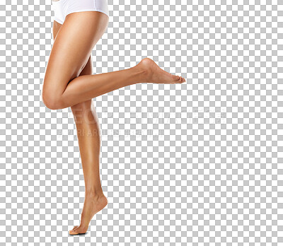 Beauty, legs and skincare of woman in studio for wellness, body care or grooming mockup. Dermatology cosmetics, underwear and feet of beautiful female model after shave isolated on a png background