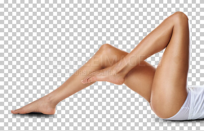 Skincare, cleaning and legs of woman on a white background for shaving, grooming and body hygiene. Wellness, beauty and feet of girl isolated in studio for laser treatment, cosmetics and hair removal isolated on a png background