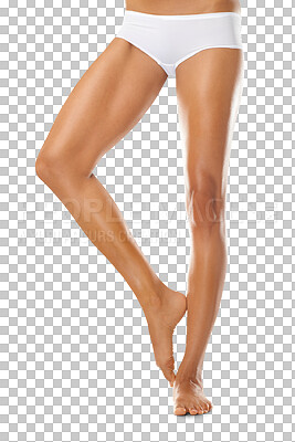 A Woman, skincare and legs for beauty. Closeup, cosmetics model and leg hair removal, epilation and body wellness from laser salon, aesthetic glow or botox results isolated on a png background