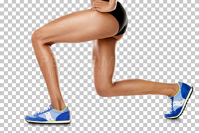 Stretching legs, fitness and woman training. Warm up, exercise and athlete runner with a stretch before a workout, cardio or running on isolated on a png background