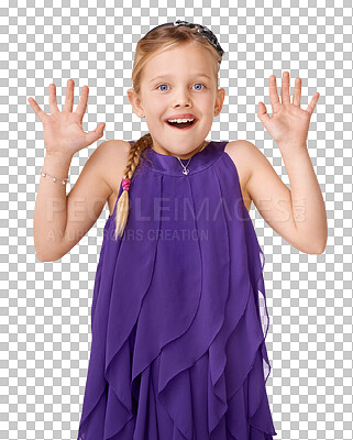 Girl kid, studio portrait and surprise with hands, palm and playful happiness. Isolated happy model, child and wow with shock face, hand gesture and smile with childhood fashion isolated on a png background