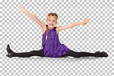 Dance, talent and splits with portrait of girl for flexibility, fashion and celebration. Happy, party and contemporary with isolated child dancing for health, smile and fitness in isolated on a png background