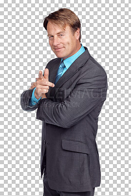A Businessman, smile and pointing portrait with suit, focus or success in leadership. Happy corporate leader, vision or isolated for executive goal, mission and motivation isolated on a png background