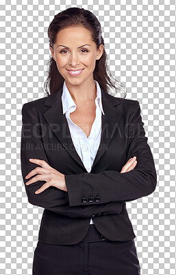 A Woman, studio portrait and arms crossed with corporate goal, smile or happiness. Isolated executive, business leader or happy for career, innovation or success with company vision isolated on a png background