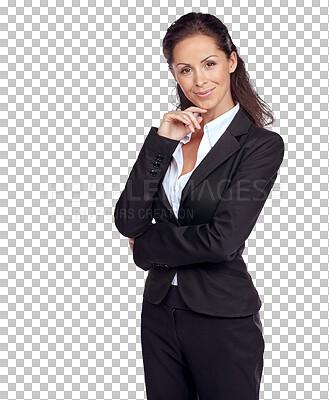 A Business woman, success and lawyer smile in portrait with vision and mindset. Career, corporate legal employee and professional mockup, female attorney and law advocate isolated on a png background