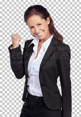 Business woman, success in portrait with achievement in career, winner and champion isolated on a png background. Yes, corporate employee goals and mindset with fist pump and happy woman celebrate