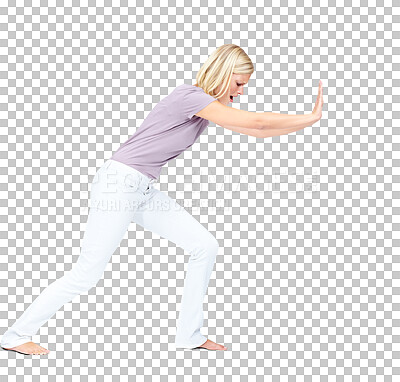 woman push obstacle for marketing, advertising and mockup for moving. Challenge, weight and isolated profile of beautiful girl pushing wall, heavy object and move forward isolated on a png background