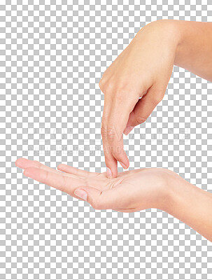 Hands, mockup and fingers walking on a palm for direction or navigation. Social media, emoji and gesture with a female hand taking a walk or step on blank space isolated on a png background