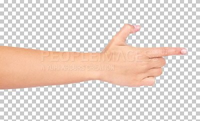 Hand, finger and pointing with a woman making a gun gesture. Social media, icon and emoji with a female on blank space to choose a decision or point right isolated on a png background