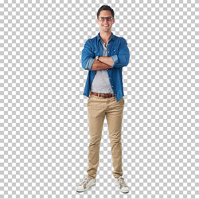 Portrait, fashion and mockup with a man in studio isolated on a png background standing arms crossed. Trendy, casual and mock up with a handsome young male posing on blank space in stylish clothes