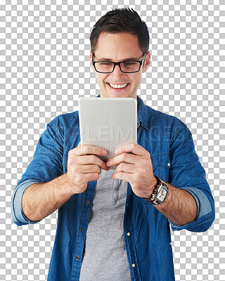 Studio, tablet and business man with glasses reading news, online website or social media isolated on a png background. Digital technology, software and email marketing of employee, worker or user