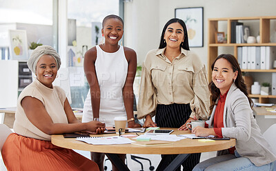 Buy stock photo Team, diversity and business women, portrait with smile and meeting with collaboration and planning at startup. Female group, confidence and happy employees, working together and project strategy