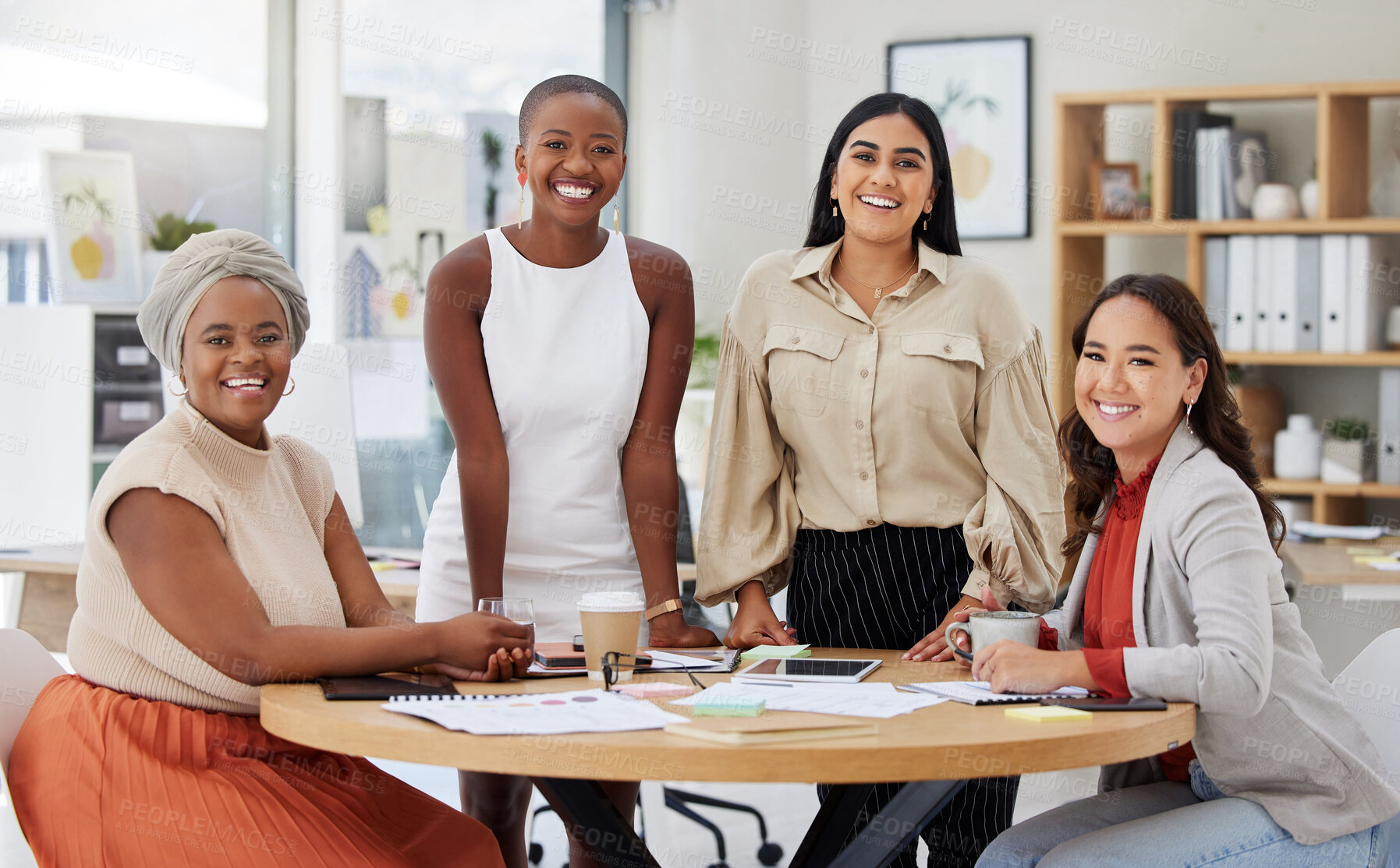 Buy stock photo Team, diversity and business women, portrait with smile and meeting with collaboration and planning at startup. Female group, confidence and happy employees, working together and project strategy