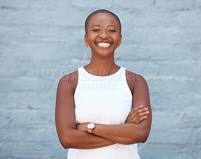 Buy stock photo Happy, brick wall and portrait of a black woman with arms crossed, pride and smiling with confidence. Smile, confident and a young African girl standing looking proud, motivated and empowered
