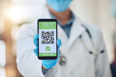 Buy stock photo Doctor covid travel, vaccine passport on smartphone and vaccination certificate. International immigration, digital health innovation app, qr code technology and airport security regulation check 