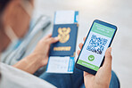 Covid vaccine passport on a phone for travel, safety or security in global pandemic. Airport, smartphone app with digital health certificate qr code and South Africa book for international traveling