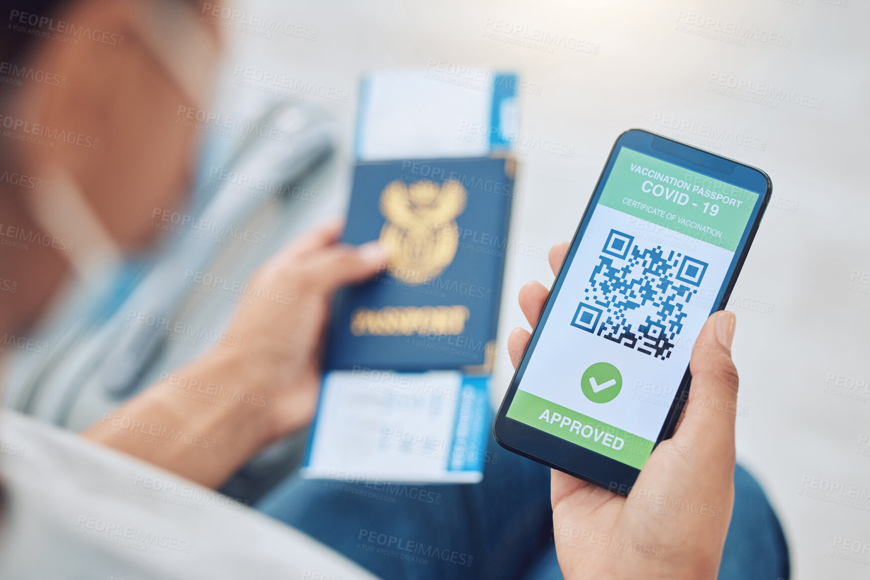 Buy stock photo Covid vaccine passport on a phone for travel, safety or security in global pandemic. Airport, smartphone app with digital health certificate qr code and South Africa book for international traveling