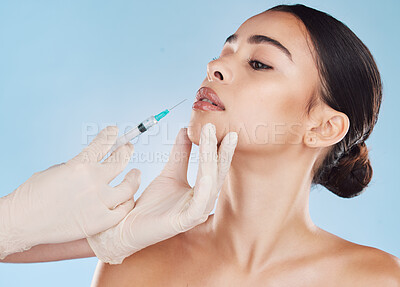 Buy stock photo Plastic surgery, syringe and lip filler on woman for facial beauty aesthetic and medical cosmetic. Hands and female face augmentation surgeon or doctor working on patient lips with injection needle