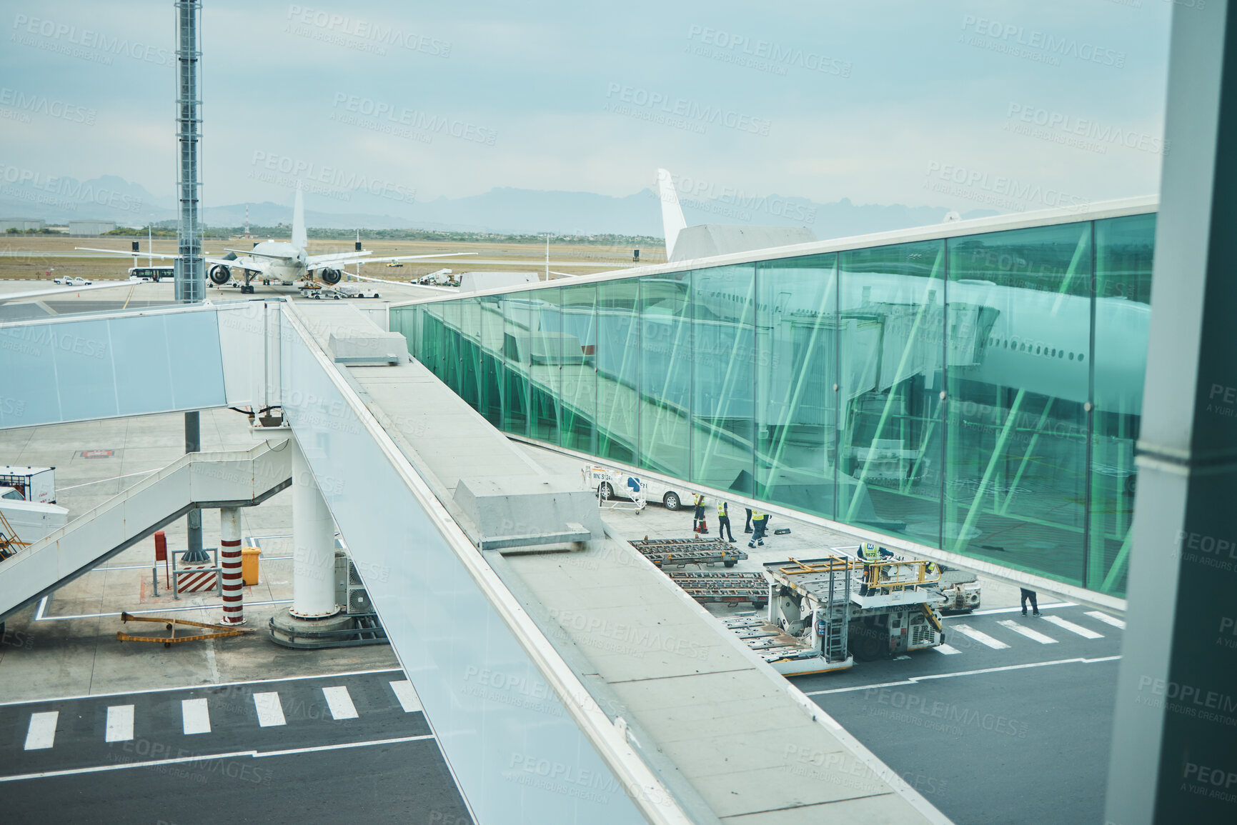 Buy stock photo Airport, runway and platform of airplane trip, travel and transportation of airline gateway. Hangar, boarding tunnel and flight journey, commercial tourism and terminal cargo of global infrastructure