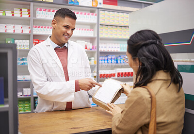 Buy stock photo Pharmacy, medication and pharmacist explaining a prescription to a female patient in a chemist. Pharmaceutical, dispensary and male healthcare worker talking about medicine to a woman in a drug store