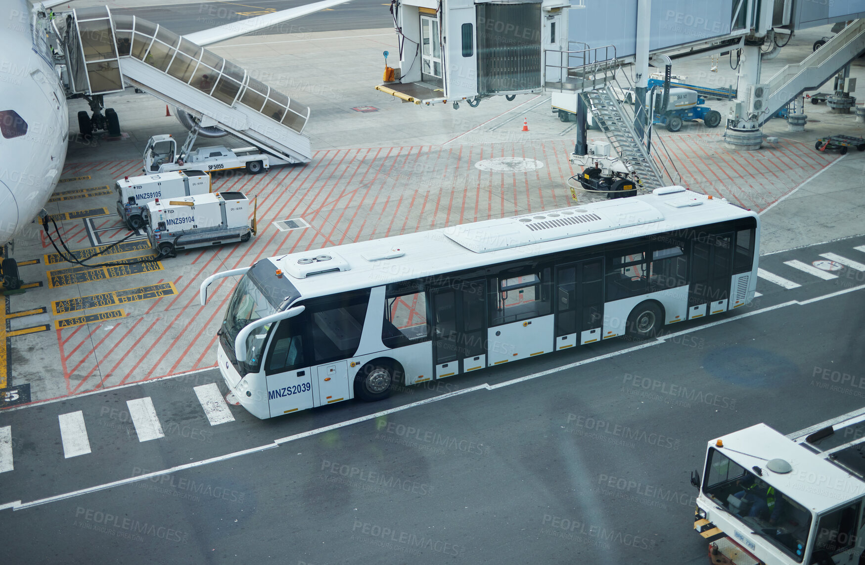 Buy stock photo Airport, bus transport and plane on road, runway and park for travel service, fuel and outdoor. Urban bus stop, street and airplane for transportation, logistics and immigration on international jet