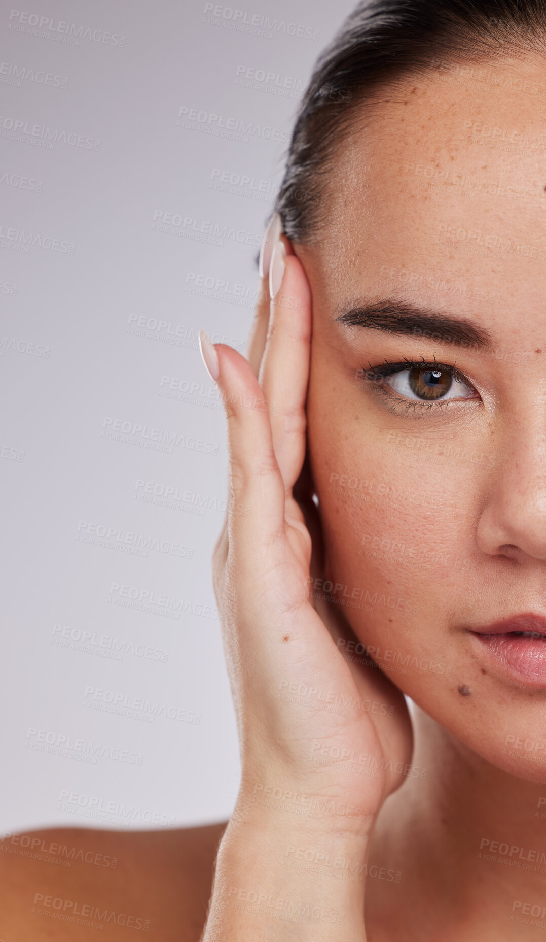 Buy stock photo Skincare, portrait and woman in studio for beauty, grooming and cosmetic on grey background. Face, half and closeup of asian girl model relax, eye lift and anti aging skin treatment isolated