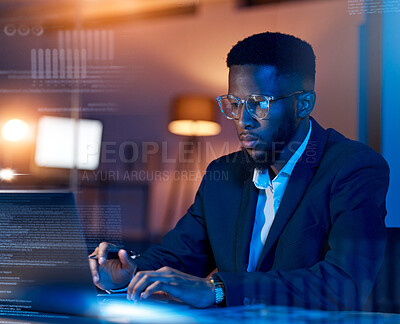 Buy stock photo Black man in business, code with laptop and hologram, analytics and programmer in office at night, dashboard and overlay. Information technology, data analysis and graph with software development