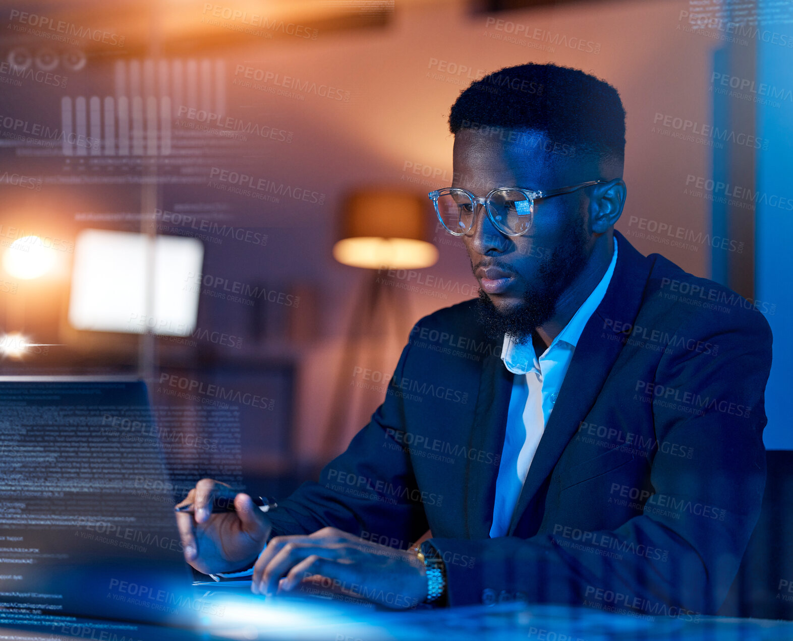 Buy stock photo Black man in business, code with laptop and hologram, analytics and programmer in office at night, dashboard and overlay. Information technology, data analysis and graph with software development