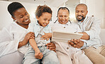 Elearning tablet, kid video and education with mother and father help of black family in a home. Student teaching, tech learning and online school development app with happiness  and smile in a house