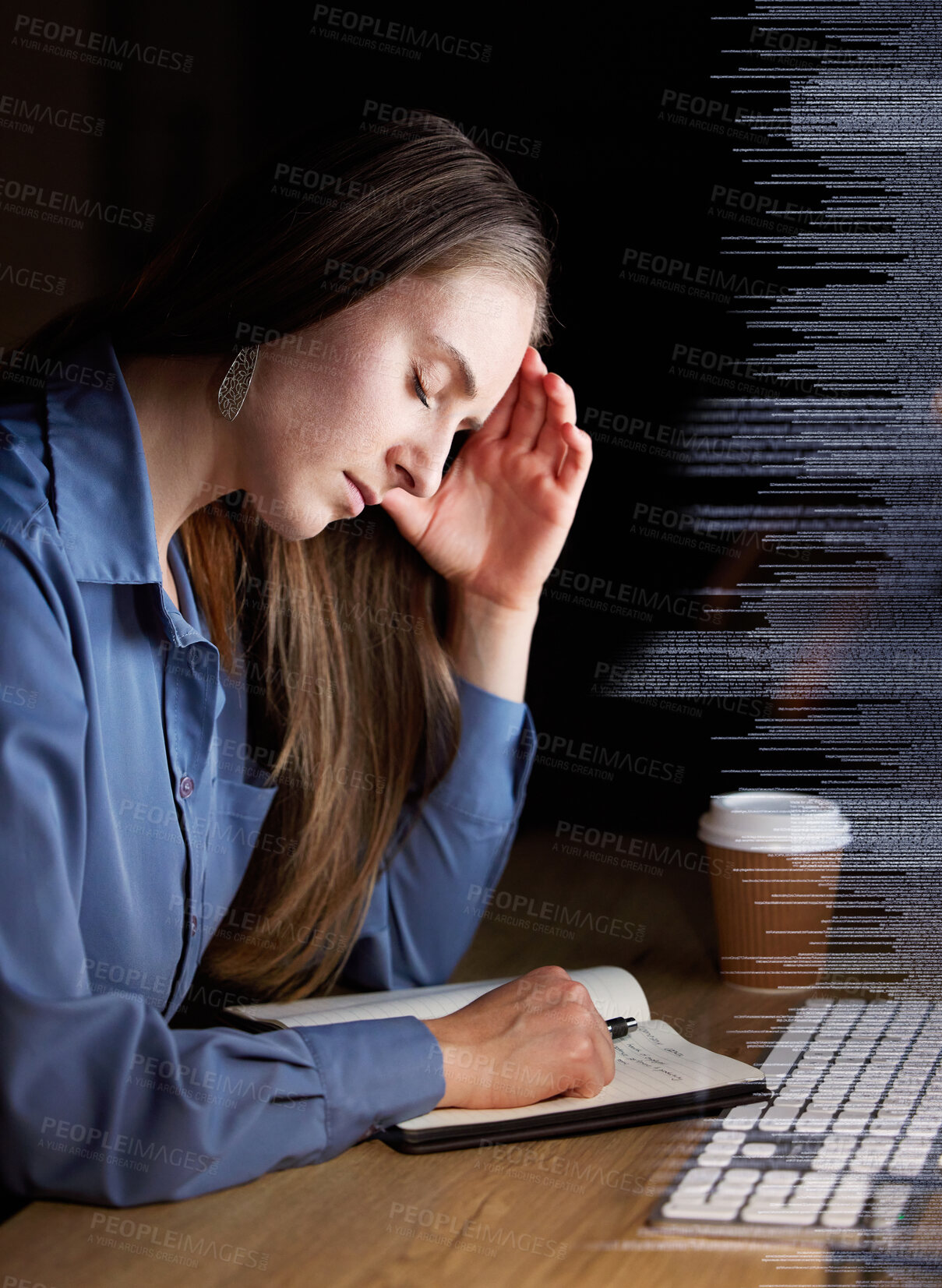 Buy stock photo Data overlay, night and woman with headache in programming analysis, glitch or analytics depression, burnout or fatigue. Business person with stress, migraine and coding 404 on information technology