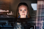 Woman, face and dashboard with data analytics, coding and digital overlay, stock market statistics and technology abstract. Trading, IT and fintech, female trader work night and graph on stocks app