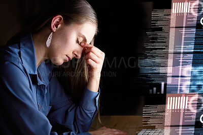 Buy stock photo Woman, headache and tired, code and programmer, burnout and working night, stress migraine and mental health. Fatigue, overworked and stock market crash, overlay and stocks dashboard with brain fog