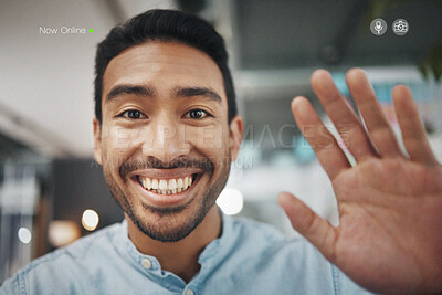 Buy stock photo Portrait, video call and wave by man in office, happy and smile for online followers on blurred background. Face, hand and businessman influencer live streaming at work for content creation or blog