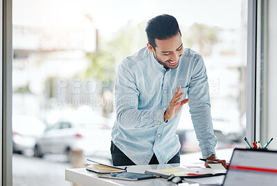 Buy stock photo Business, success and Asian man with smile, entrepreneur or profit growth in workplace, new project or deadline. Japanese male employee, consultant or agent with happiness, idea or planning in office