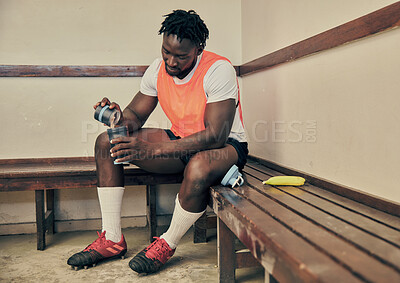 Buy stock photo Sports, protein shake and black man in locker room with drink, milkshake and healthy smoothie for energy. Fitness, health and male athlete with nutrition beverage for training, exercise and workout