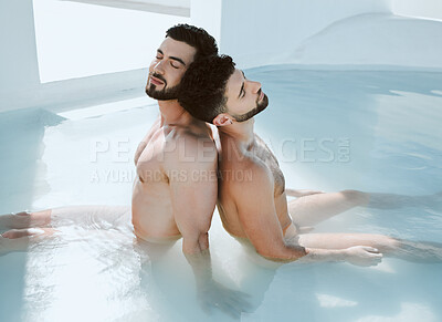 Buy stock photo Calm, sleep and men in a pool for swimming, relaxation and summer enjoyment. Spa, hot tub and or an lgbt gay couple sitting in water for stress relief, comfort and leisure on a luxury holiday