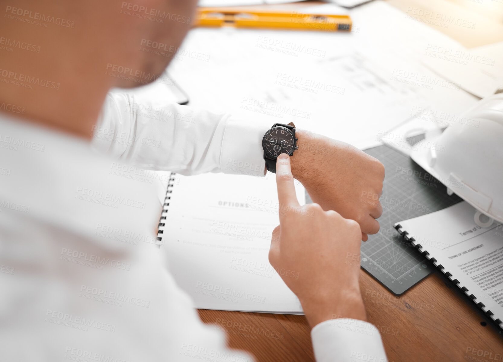 Buy stock photo Architect, hands and checking watch for time, schedule or planning in construction or project at office desk. Hand of contractor or businessman with arm wristwatch for tracking or monitoring times