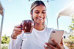 Cafe, coffee and woman with smartphone, smile and connection with social media, typing and share post. Female, outdoor and happy lady with cellphone, cup and cappuccino with happiness and mobile app