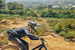 Mountain bike, man and race with speed, dirt and nature in summer with mock up, extreme sport and motion blur. Bicycle, outdoor and challenge for fast workout, training and exercise mockup in summer