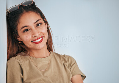 Buy stock photo Happy, smile and portrait of a woman in a studio with a casual, fashion and trendy outfit. Happiness, excited and face of a female model from Puerto Rico with a positive mindset by a gray background.