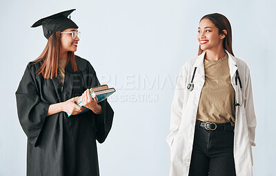 Buy stock photo Graduation, medicine and medical student with degree, certificate and diploma achievement isolated in a studio white background. Scholarship, future and happy woman graduate or certified doctor