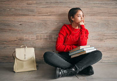 Buy stock photo University, woman with books on floor and and thinking, mock up space and education at academic college. Information, knowledge and backpack, student on floor with concentration and book to study.