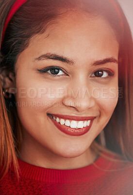 Buy stock photo Happy, smile and portrait of woman in studio for natural, satisfaction and youth. Happiness, relax and cool with face of female model smiling on background for elegant, lens flare and glow