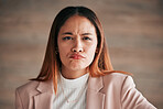 Portrait, frown and business woman in office confused, unsure or unhappy on wall background. Face, sad and corporate employee unsure, doubt and emoji expression, overwhelmed and wondering at new job
