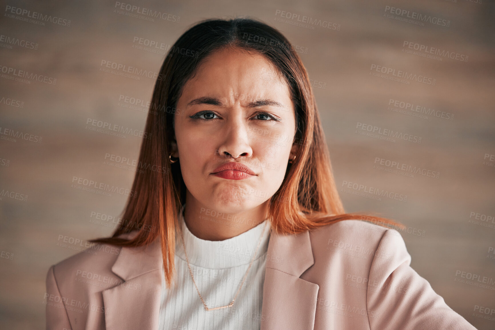 Buy stock photo Portrait, frown and business woman in office confused, unsure or unhappy on wall background. Face, sad and angry corporate employee, doubt and emoji expression, overwhelmed and wondering at new job