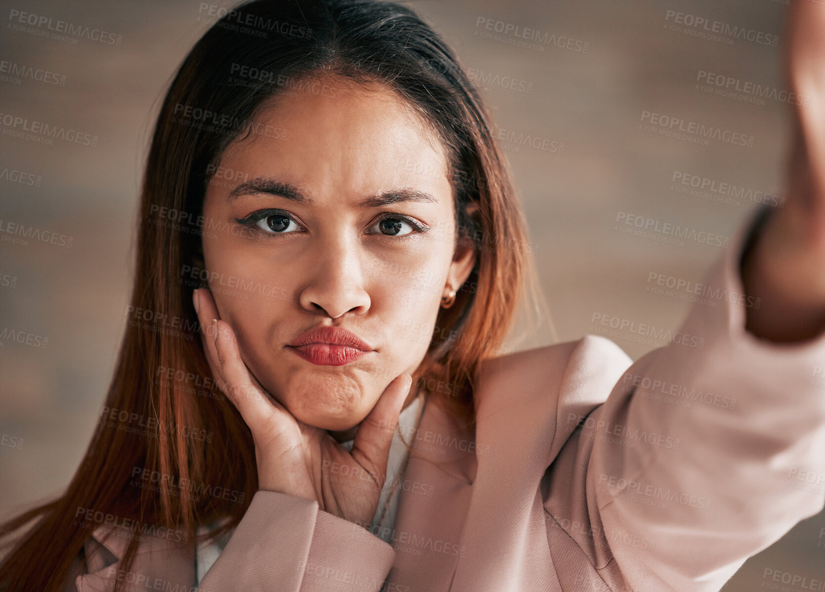 Buy stock photo Selfie, sad and portrait of woman with comic, emoji reaction and pout facial expression on studio background. Beauty, confused and girl taking picture with cute, upset and funny face for social media